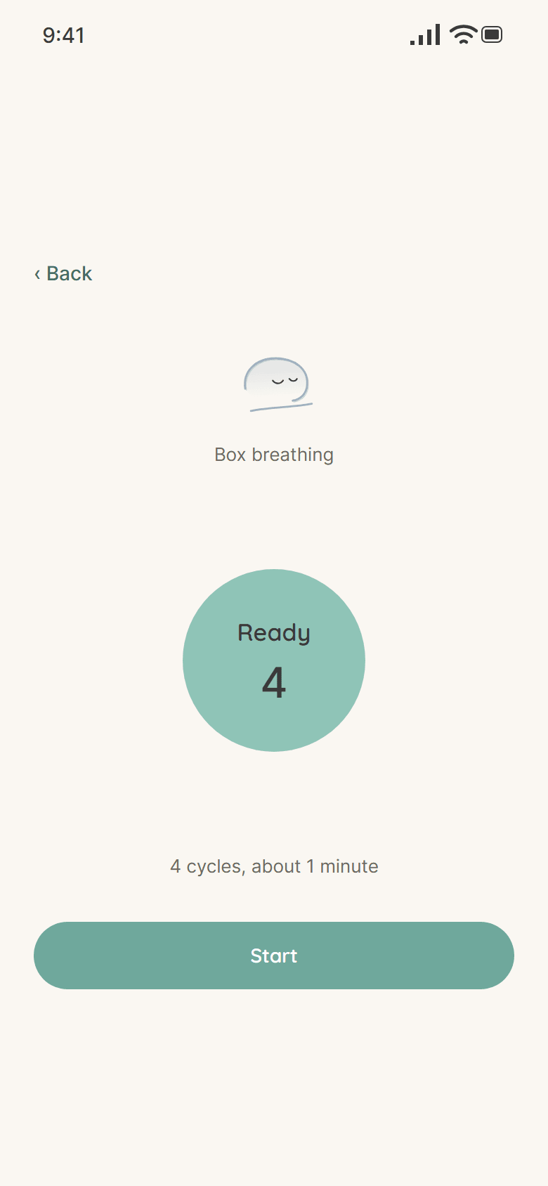Box breathing: Ready, 4 cycles, about 1 minute