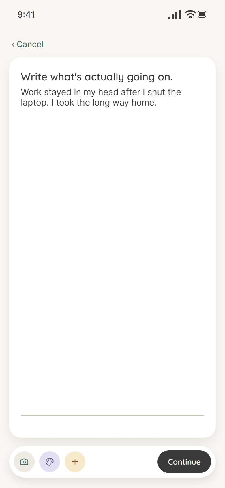 Custom Journal: Write what's actually going on, with photo, shade and plus tools and a Continue button