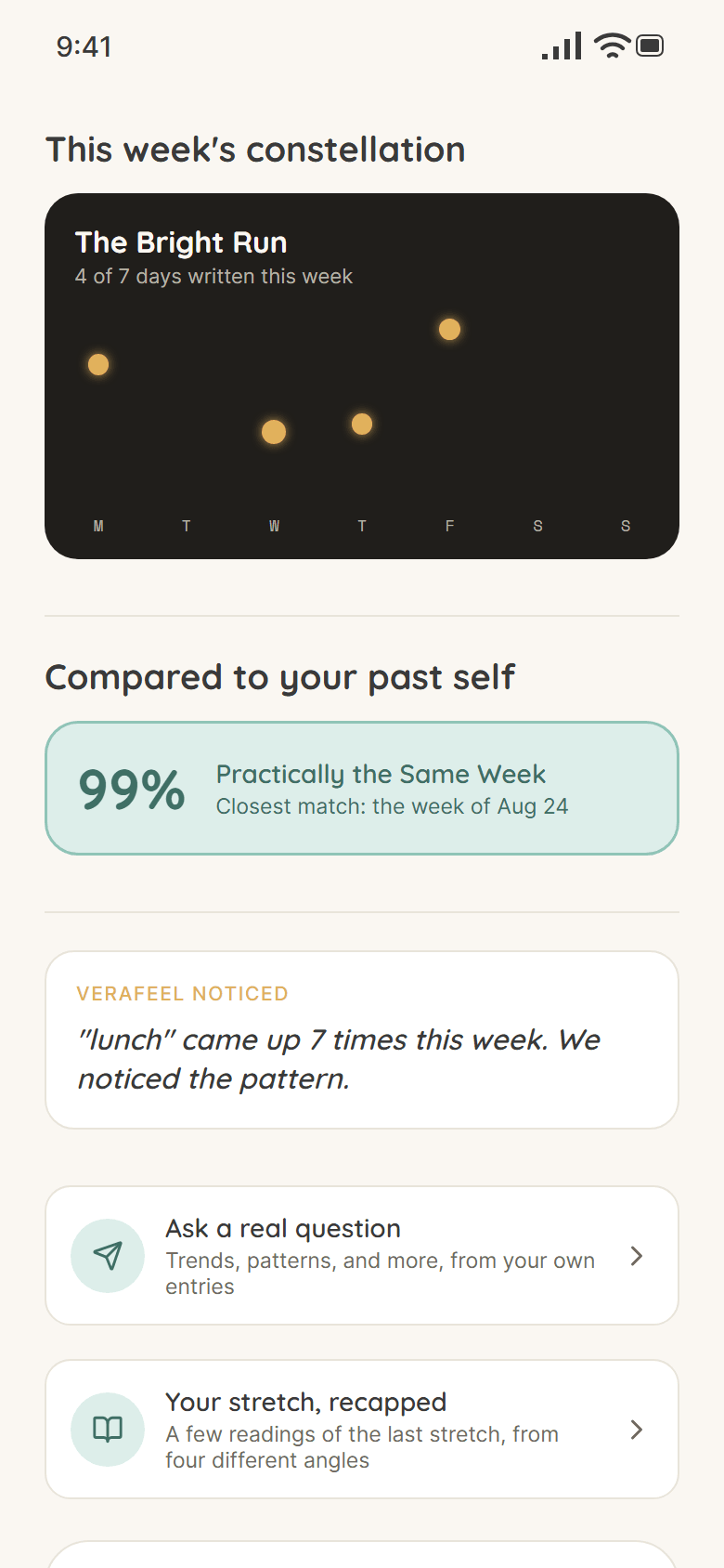 This week's constellation: The Bright Run, compared to your past self 99 percent, and a Verafeel noticed line