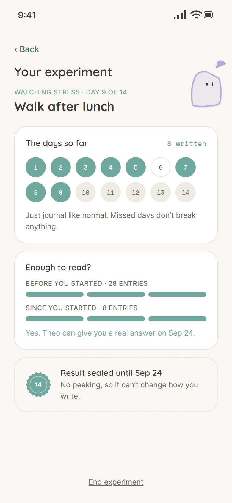 Your experiment, day 9 of 14: the days so far, enough to read, and result sealed until Sep 24