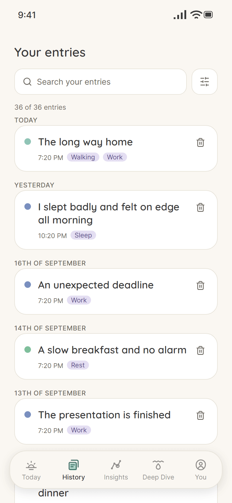 History: Your entries, with search and a list grouped by day with tags