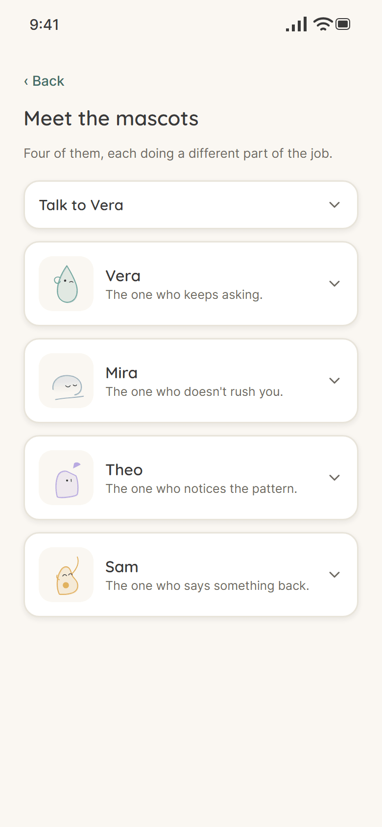 Meet the mascots screen: Talk to Vera, and cards for Vera, Mira, Theo and Sam