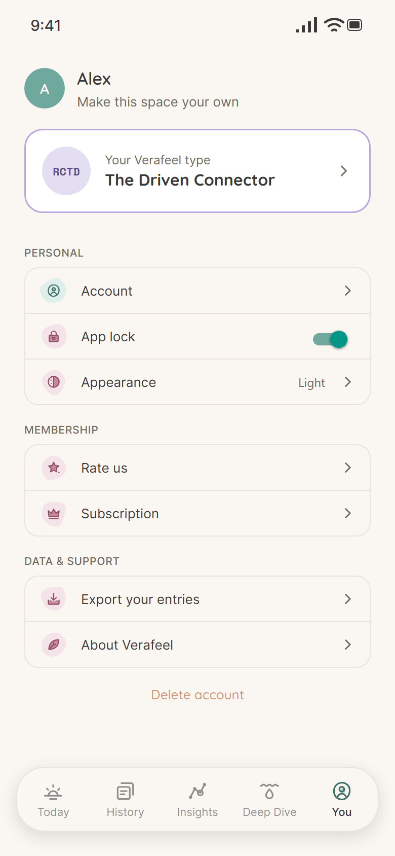 The You tab, with app lock, export your entries and delete account