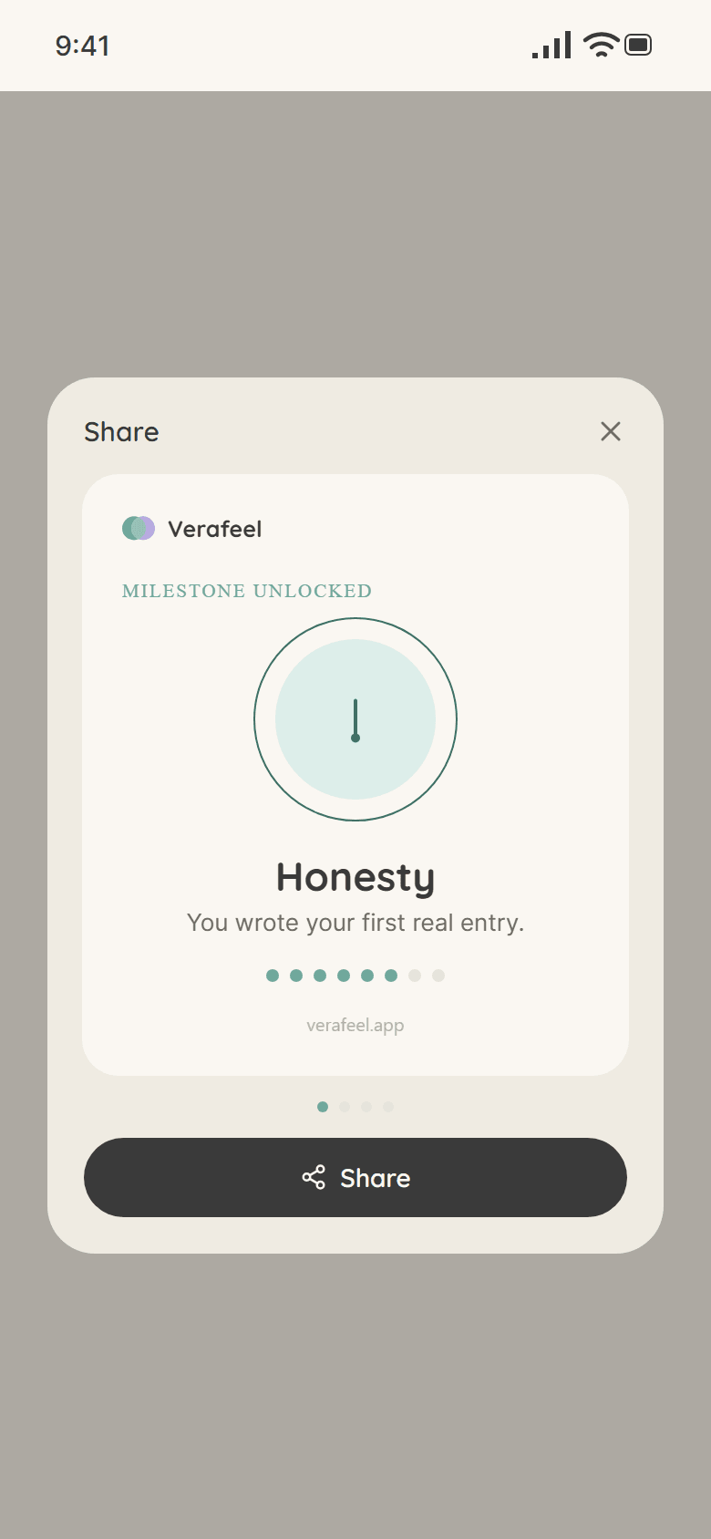 Share sheet: Milestone unlocked, Honesty