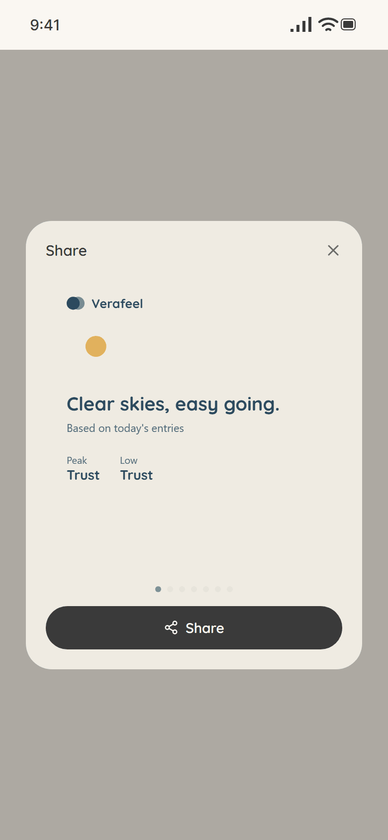 Share sheet: weather card, Clear skies, easy going