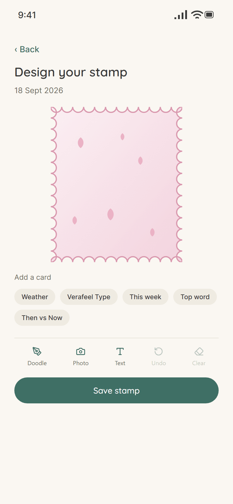 Design your stamp, with a scalloped stamp, cards to add, and Doodle, Photo and Text tools